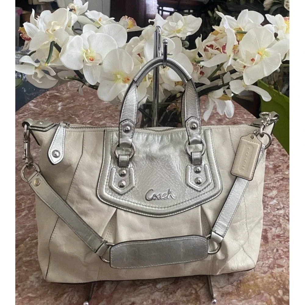 COACH ASHLEY IVORY/CREAM LEATHER SATCHEL TOTE‎ SHOULDER BAG F19247 EUC